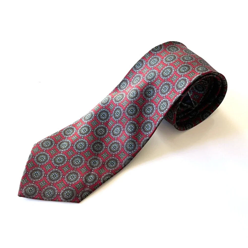 Men's Thomas Pink London Silk Designer Red Blue and Green Geometric Necktie Tie